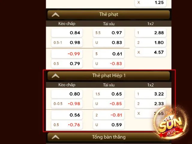 Đánh kèo thẻ hiệp 1 với nhiều lựa chọn phổ biến